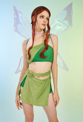 Officially Licensed Winx Club Layla Aisha Cosplay Halloween Fairy Costume | Green Tops & Skirt with Fairy Wings - Women M