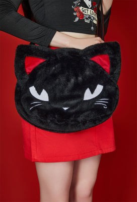 [Officially Licensed] Emily The Strange Micotaku Kitten Tote Bag Black Handle Bag Faux Fur - One Size