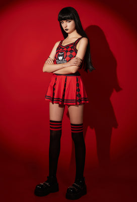 [Officially Licensed] Emily the Strange Halloween Plaid Halter Crop Top and Pleated Mini Skirt with Stocking - Women XL