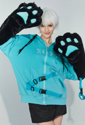 Micotaku Black Blue Dizzy Kitten Furry Paw Zip-up Hoodie - S/M