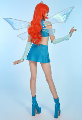 Officially Licensed Winx Club Bloom Cosplay Halloween Fairy Costume | Blue Tops and Skirt with Fairy Wings - Women L