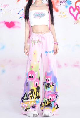 Graffiti Dream Women Y2K Style Pink Rainbow Print High Waist Wide-leg Pants for Summer - S