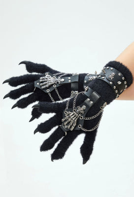 Micotaku Black Cat Knitted Paws with Faux Leather Halloween Rock Punk Wristband and Metal Skeleton Claw for Cosplay - One Size