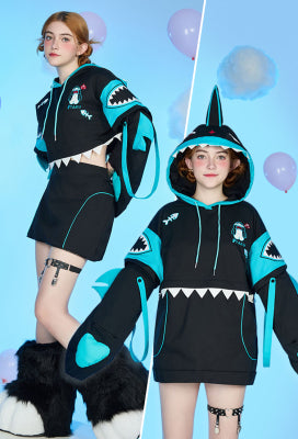 Micotaku Shark Hoodie Black and Blue Paw Hoodie Daily Wear - S/M