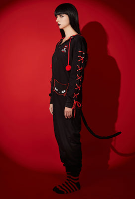 [Officially Licensed] Emily the Strange Halloween Black Lace-Up Sleeves Zipper Hooded Onesie Pajama - Women S