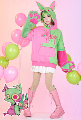 Zombie Puppy-Kitten Pink Green Pullover Hoodie with Detachable Furry Cat Paw Gloves - S/M