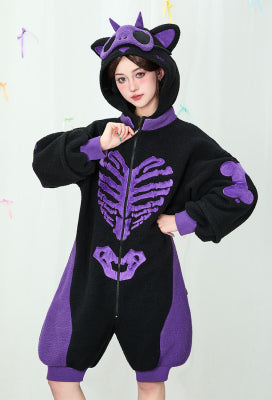 Micotaku Black and Purple Cat Skull Plush Onesie Pajama - M