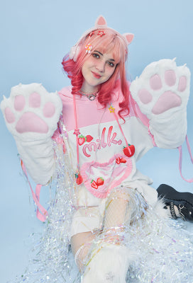 Sweet Flavor Cartoon Graphic Cat Furry Pullover Hoodie Cute Style Pink Strawberry Milk Hoodie with Plush Cat Paw Gloves - S/M
