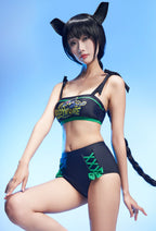 Officially Licensed Miraculous Lady Noir Bikini Set | Women's Black and Green Tie-Front Swimsuit - Women S