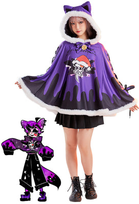 Ghost's Blessing Christmas Women Gothic Purple Dark Santa Claus Print Poncho Fluffy Trim Cape - S/M