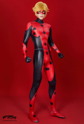 Officially Licensed Miraculous Mister Bug Cosplay Costume | Black And Red Elastic Jumpsuit for Halloween Costume - Women L