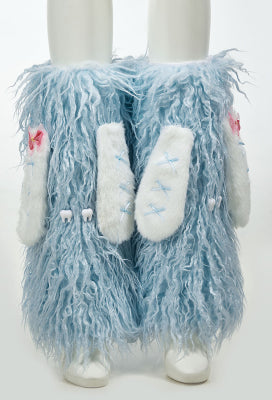 Micotaku Fluffy Curly-Haired Yeti Blue Leg Warmers with Bunny Ears and Bows Y2K Accessories - One Size