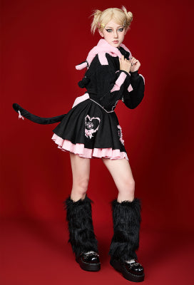 Micotaku Heart Kitty Black and Pink Paw Hoodie Dress Set with Bows Daily Wear - Women M