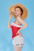 [Officially Licensed] Strawberry Shortcake × Micotaku Vintage Polka Dot One Piece Swimsuit - Women L