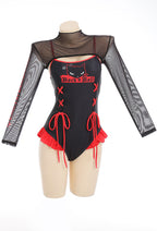 [Officially Licensed] Emily the Strange Black Fantasy One-Piece Swimsuit Print Lace-up Ruffled Bathing Suit With Mesh Shrug Cover Up - Women S