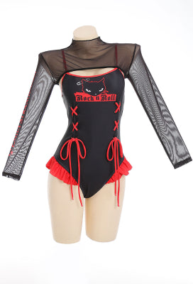 [Officially Licensed] Emily the Strange Black Fantasy One-Piece Swimsuit Print Lace-up Ruffled Bathing Suit With Mesh Shrug Cover Up - Women S