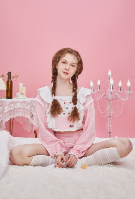 [Officially Licensed] Strawberry Shortcake × Micotaku Sweet Long Puffy Sleeves Home Wear - Women L