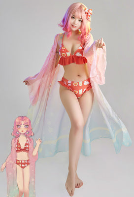 [Officially Licensed] Summer Vibe Women Cute Red Dessert Print Ruffle Bikini Set - Women S