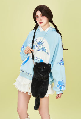 Micotaku Standing Black Cat Plush Crossbody Bag Handmade Design Accessories - One Size