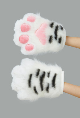 Micotaku Plush Furry Paw Fursuit Costume Silver Tiger Paw Gloves - One Size