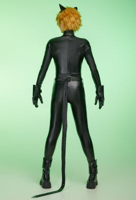 Officially Licensed Miraculous Cat Noir Cosplay Costume Elastic Leather Jumpsuit for Halloween Costume - L