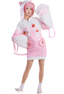 Strawberry Recipe Women Adult Strawberry Milk Print Hooded Onesie Dress Kigurumi Sleepwear with Furry Paw Gloves - Women XXL