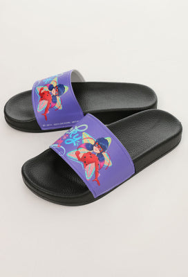 Officially Licensed Miraculous Ladybug Slides | Women's Black and Purple Aqua Print Sandals Non-Slip Shoes - US women 6