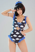[Officially Licensed] Fluffy Cloud Women Dark Black Purple Cloud Cutout One Piece Swimsuit - Women L