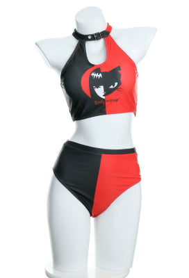 [Officially Licensed] Emily the Strange Phantom Kitty Two-Piece Swimsuit Print Black Red Halter Top and High Waist Bottom - Women S