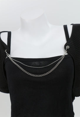 Micotaku Women Black Long Sleeve Crop Knit Cardigan with Chain - Women XL