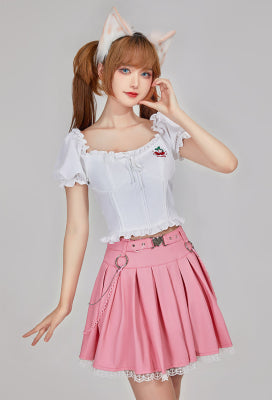 Micotaku White Cherry Puff-Sleeve Crop Top Casual Daily Wear - Women M