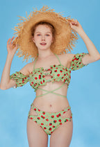 [Officially Licensed] Strawberry Shortcake × Micotaku Two-Piece Green Swimsuit Summer Outfit - Women L