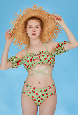 [Officially Licensed] Strawberry Shortcake × Micotaku Two-Piece Green Swimsuit Summer Outfit - Women L