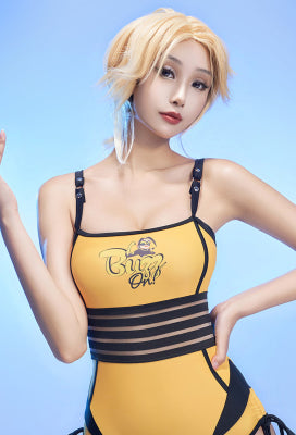 Officially Licensed Miraculous Vesperia Swimsuit | Women's Yellow and Black Lace-Up One-Piece Bathing Suit - Women M