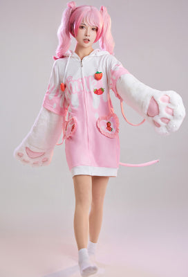 Strawberry Recipe Women Adult Strawberry Milk Print Hooded Onesie Dress Kigurumi Sleepwear with Furry Paw Gloves - Women XL