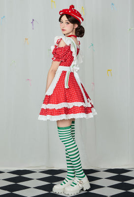 [Officially Licensed] Strawberry Shortcake × Micotaku Women Dress Set with Beret and Apron Strawberry Shortcake Cosplay Costume - Women XL
