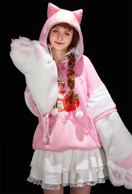 [Officially Licensed] Strawberry Shortcake x Micotaku Strawberry Marshmallow Furry Paw Hoodie - S/M