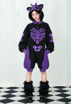 Micotaku Black and Purple Cat Skull Plush Onesie Pajama - L