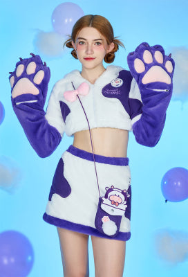 [Officially Licensed] Goodnight Pajamals x Micotaku Cow Momo Plush Paw Hoodie Skirt Set Daily Wear - Women XL