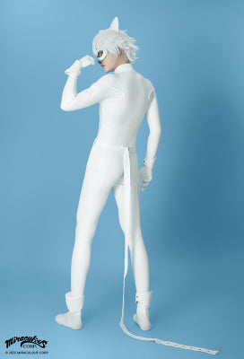 Officially Licensed Miraculous Cat Blanc Cosplay Costume | White Elastic Leather Jumpsuit for Halloween Costume - L