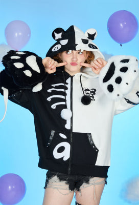 Micotaku Skeleton Bear Hoodie Black and White Furry Paw Hoodie Daily Wear - L/XL