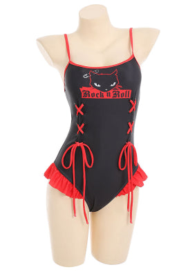 [Officially Licensed] Emily the Strange Black Fantasy One-Piece Swimsuit Print Lace-up Ruffled Bathing Suit With Mesh Shrug Cover Up - Women L