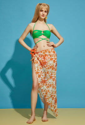 Officially Licensed Winx Club Women's Stella Costume Swimsuit | Bikini Sets Bathing Suit with Beach Gauze Skirt Swimsuit Green Orange - Women L