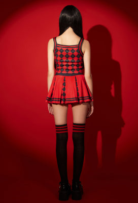 [Officially Licensed] Emily the Strange Halloween Plaid Halter Crop Top and Pleated Mini Skirt with Stocking - Women L