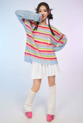 Micotaku Rainbow Stripe Loose Fit Casual Wear Sweater - S/M