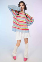 Micotaku Rainbow Stripe Loose Fit Casual Wear Sweater - S/M