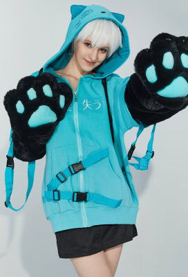 Micotaku Black Blue Dizzy Kitten Furry Paw Zip-up Hoodie - L/XL