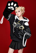 Micotaku Cute but Sharp Cat Hoodie Black and White Furry Paw Hoodie Daily Wear - S/M