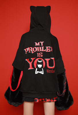 [Officially Licensed] Emily the Strange Halloween Chairman of The Bored Print Cat Zip Up Hoodie with Furry Paw Gloves - L/XL