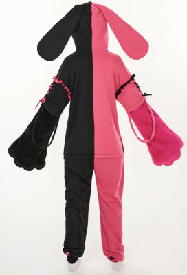 Cherry Bunny Women Sweet Black and Pink Heart Bunny Pattern Hooded Onesie Pajama with Furry Paw Bag - Women S
